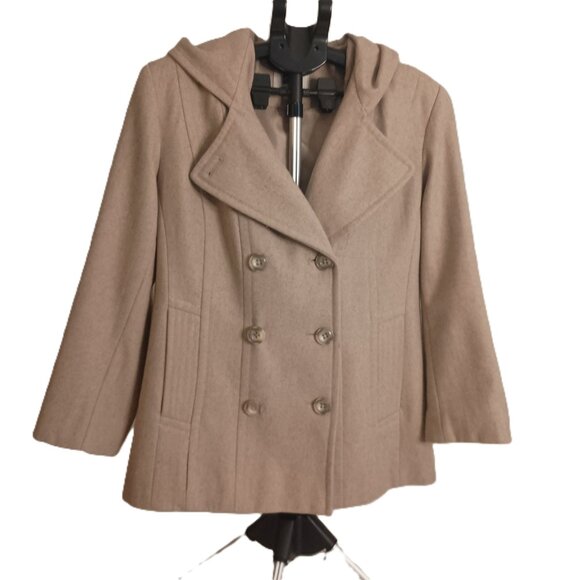 Anne Klein Classic Tan Wool Blend Double Breasted Hooded Coat Women’s L Large - Picture 2 of 16